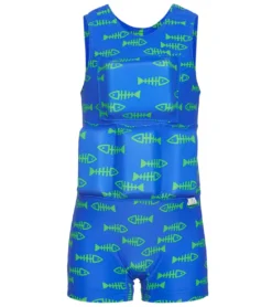 Boy's Bright Blue And Green Fish Bone Flotation Swimsuit
